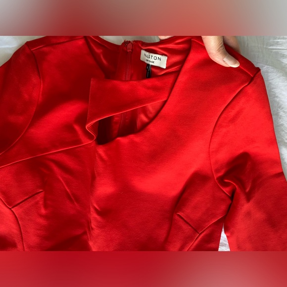 Halston Heritage Red Cut Out Bateau Neckline knee length Dress 3/4 Sleeve US 4 - Picture 13 of 16